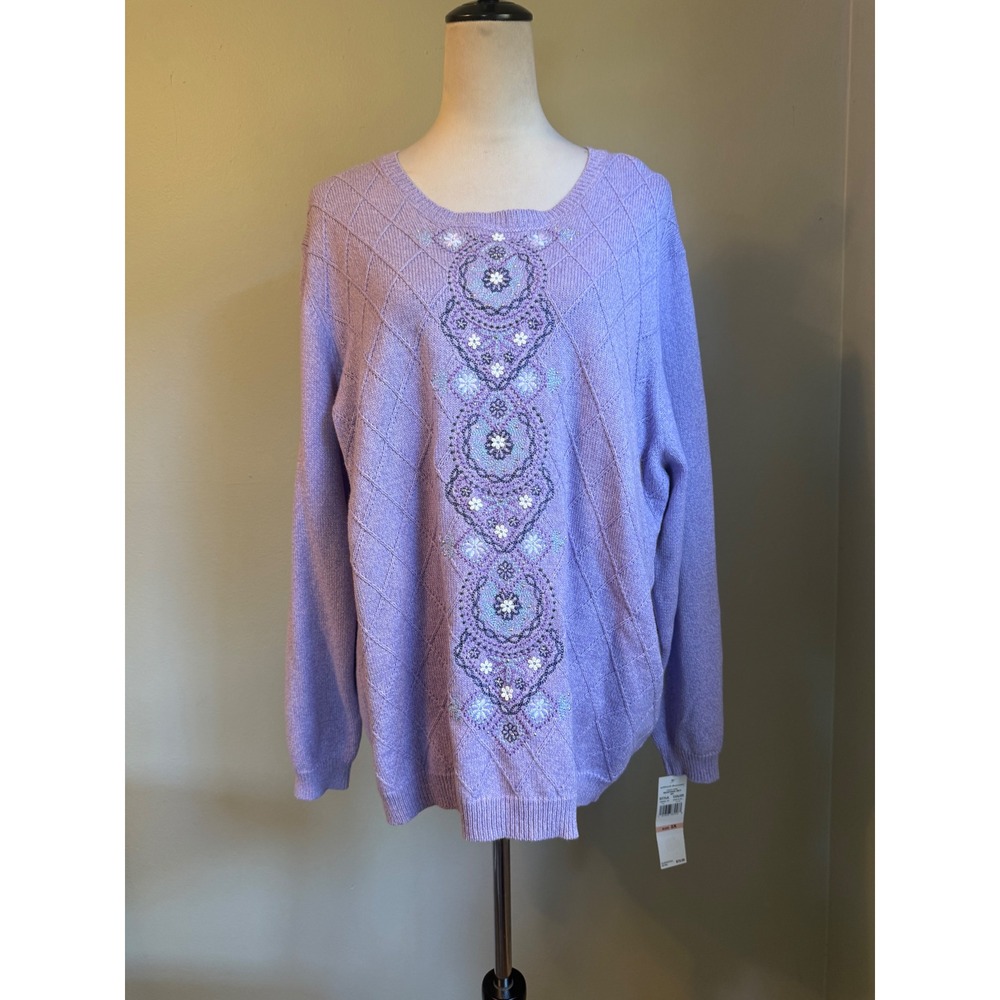 cottage fairy  Montana Sky Lilac  Embroidered Floral Sweater 2X New‎ boho beaded